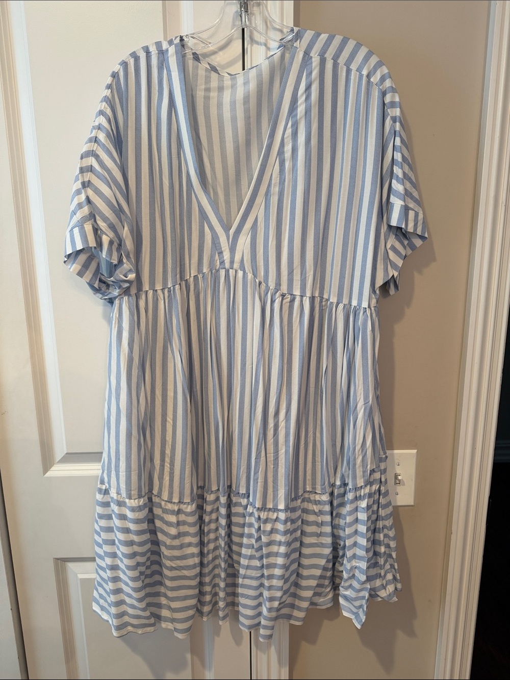 SHEIN Blue & White Striped V-Neck Tiered Casual Dress for Girls